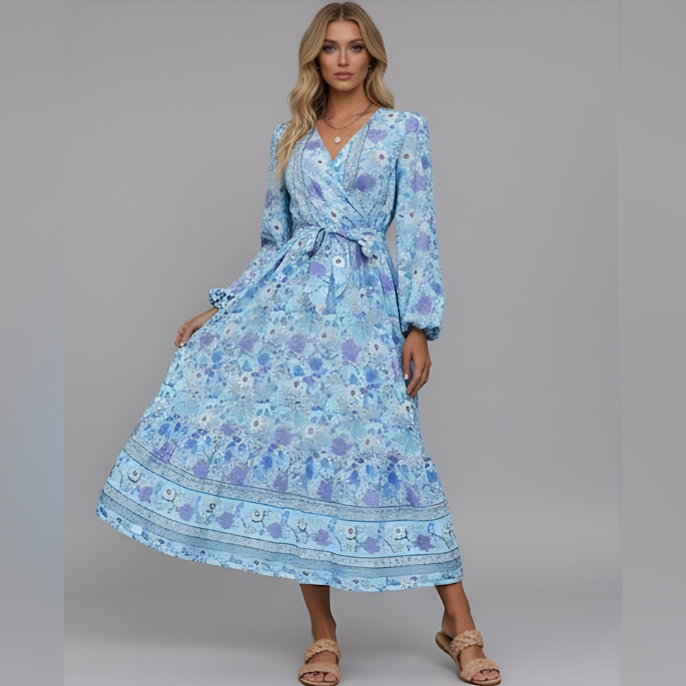 Floral Print Lantern Sleeve Ruffle Hem Belted Dress
